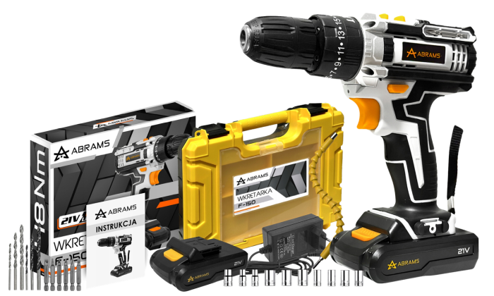 Аккумуляторный шуруповерт ABRAMS вместе с набором бит сверл и головок в пластиковом кейсе с 2 АКБ 24V/5Ah