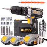 Акумуляторний шуруповерт BESTEN разом з набором біт свердел та головок в пластиковому кейсі із 2 АКБ 24V/5Ah