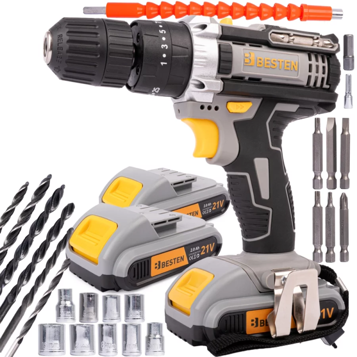 Акумуляторний шуруповерт BESTEN разом з набором біт свердел та головок в пластиковому кейсі із 2 АКБ 24V/5Ah