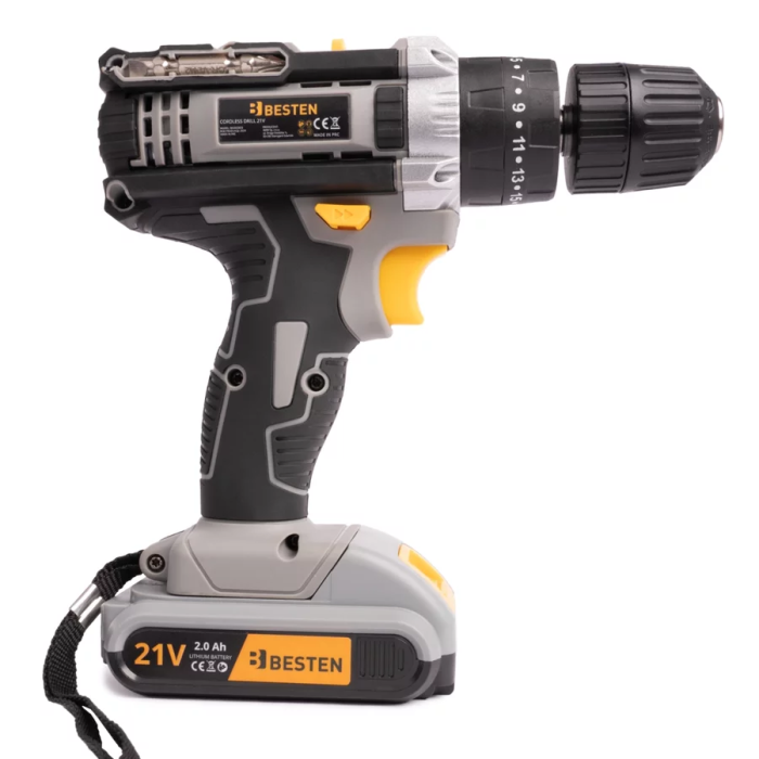 Акумуляторний шуруповерт BESTEN разом з набором біт свердел та головок в пластиковому кейсі із 2 АКБ 24V/5Ah