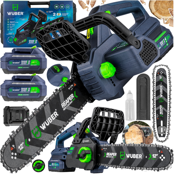 Акумуляторна ланцюгова пила WUBER з  шиною розмір 30 см для обрізки дерев та гілок в пластиковому кейсі із 2 АКБ 48V/5Ah