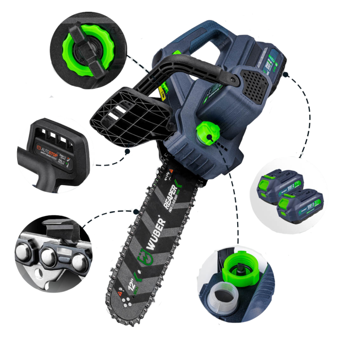Аккумуляторная цепная пила WUBER с шиной размер 30 см для обрезки деревьев и веток в пластиковом кейсе с 2 АКБ 48V/5Ah