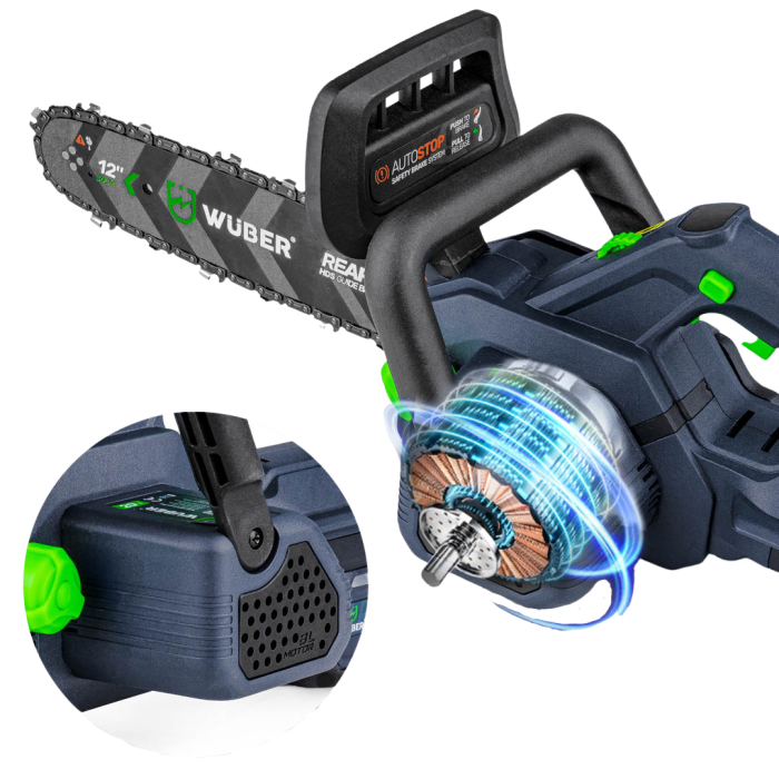 Аккумуляторная цепная пила WUBER с шиной размер 30 см для обрезки деревьев и веток в пластиковом кейсе с 2 АКБ 48V/5Ah