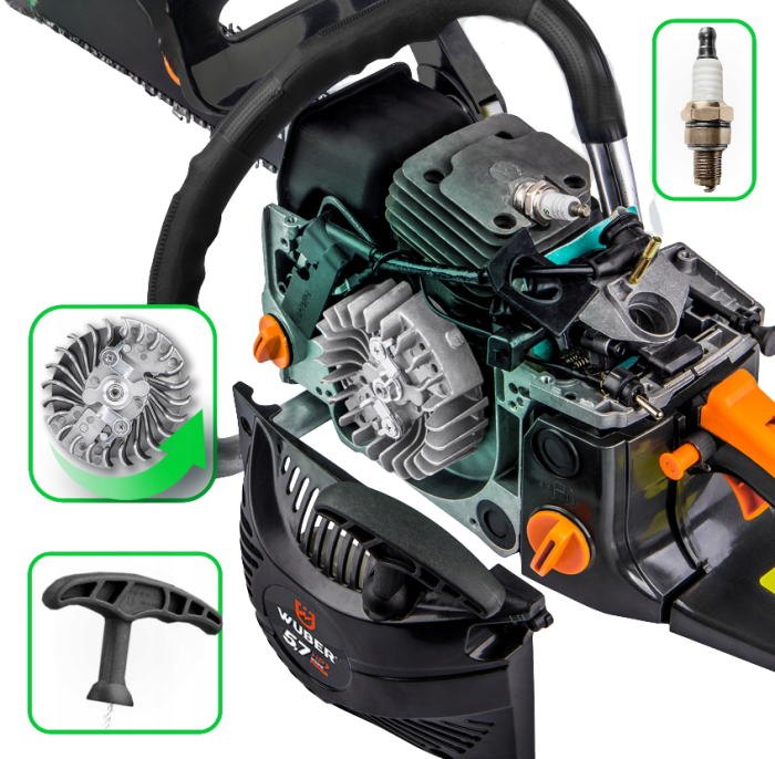 Цепная бензиновая Wuber пила с двухтактным двигателем для обрезки деревьев и веток 4.5 л.с. 1 цепь и 1 шина 40 см