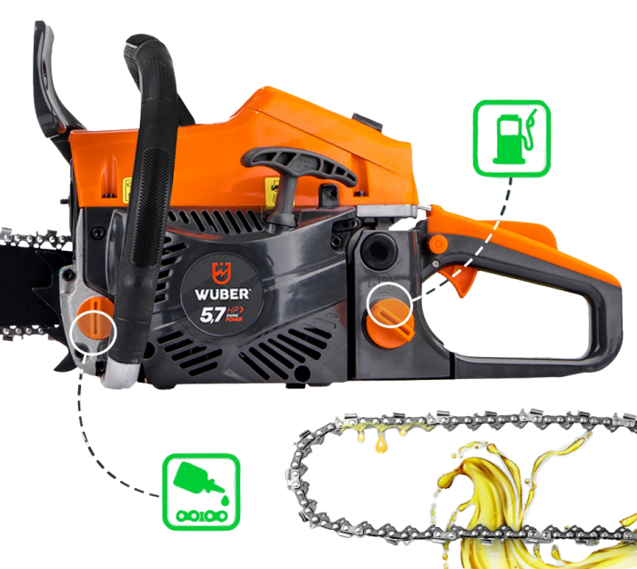 Цепная бензиновая Wuber пила с двухтактным двигателем для обрезки деревьев и веток 4.5 л.с. 1 цепь и 1 шина 40 см