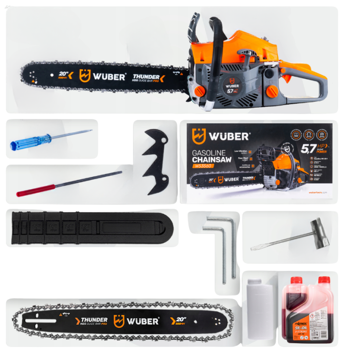 Цепная бензиновая Wuber пила с двухтактным двигателем для обрезки деревьев и веток 4.5 л.с. 1 цепь и 1 шина 40 см