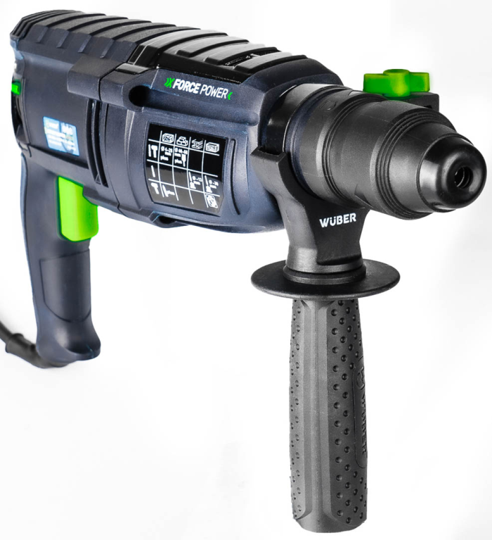Перфоратор сетевой Wuber с патроном SDS-plus и три режима сверления в пластиковом кейсе со сверлами.