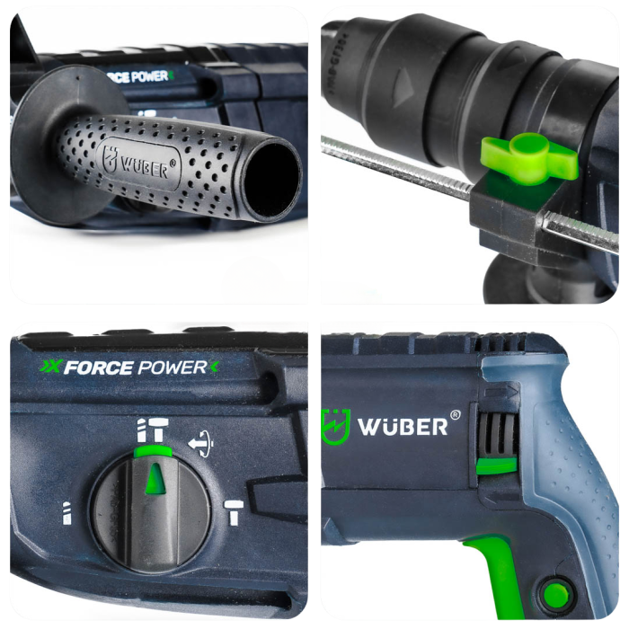 Перфоратор мережевий Wuber з патроном SDS-plus та три режими свердління в пластиковому кейсі із свердлами