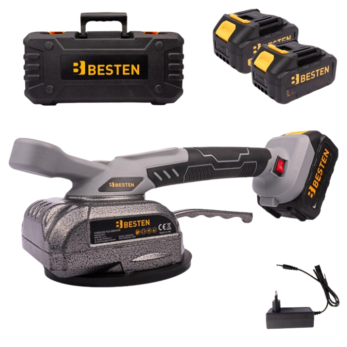 Аккумуляторная виброприсоска для плитки BESTEN BE0002855 электрическая для укладки плитки из 2 АКБ 24V/5Ah в пластиковом кейсе