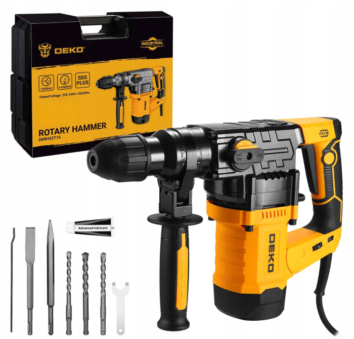 Сетевой перфоратор ударный бочковый DEKO (1155 Вт 4.5 Дж) с патроном SDS Plus в кейсе набор зубил