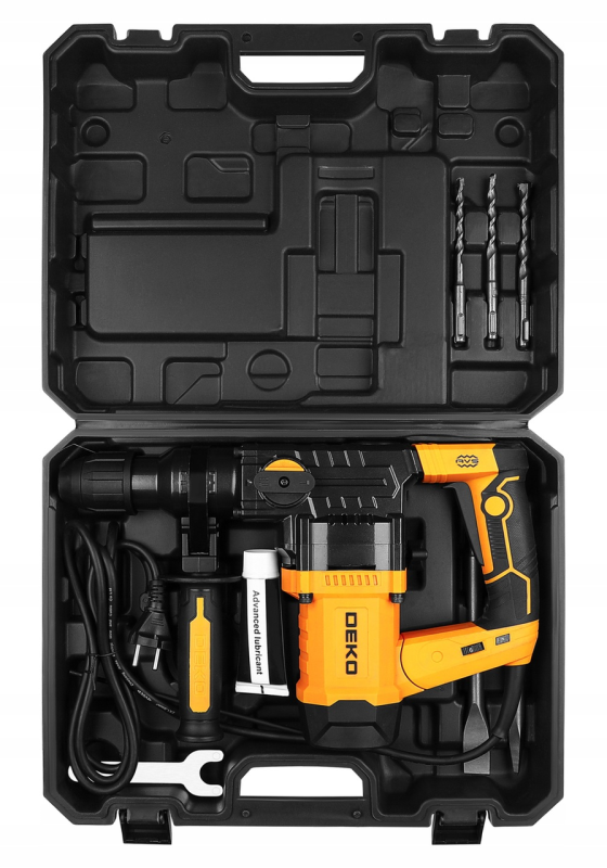Сетевой перфоратор ударный бочковый DEKO (1155 Вт 4.5 Дж) с патроном SDS Plus в кейсе набор зубил