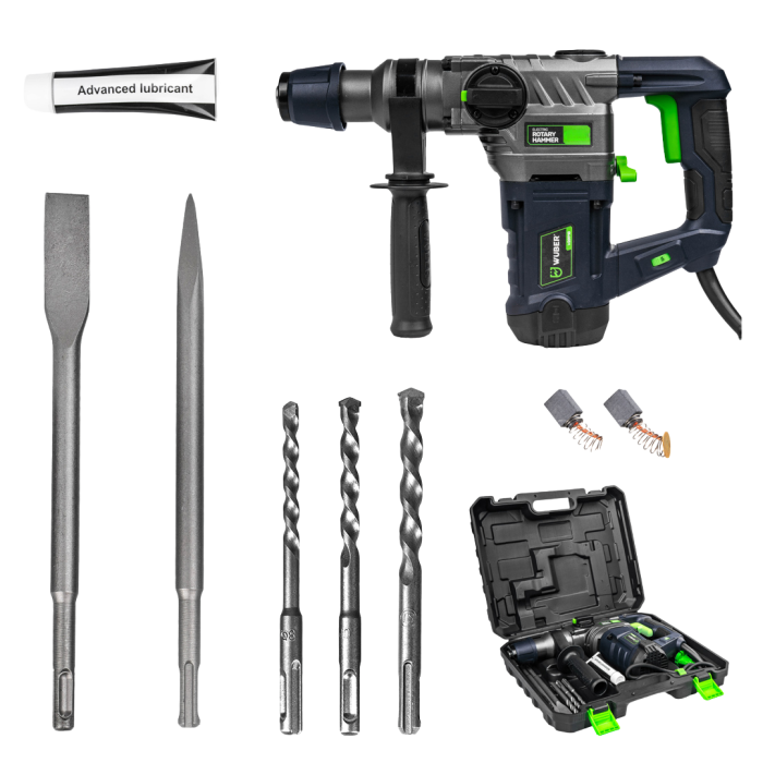 Перфоратор ударный сетевой - бочковый WUBER (1155 Вт 4.5 Дж) перфоратор с патроном SDS Plus в кейсе набор зубил